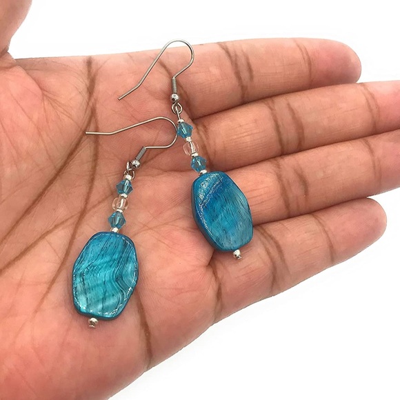 Blue Shell Dangle Earrings Handmade - Picture 3 of 4